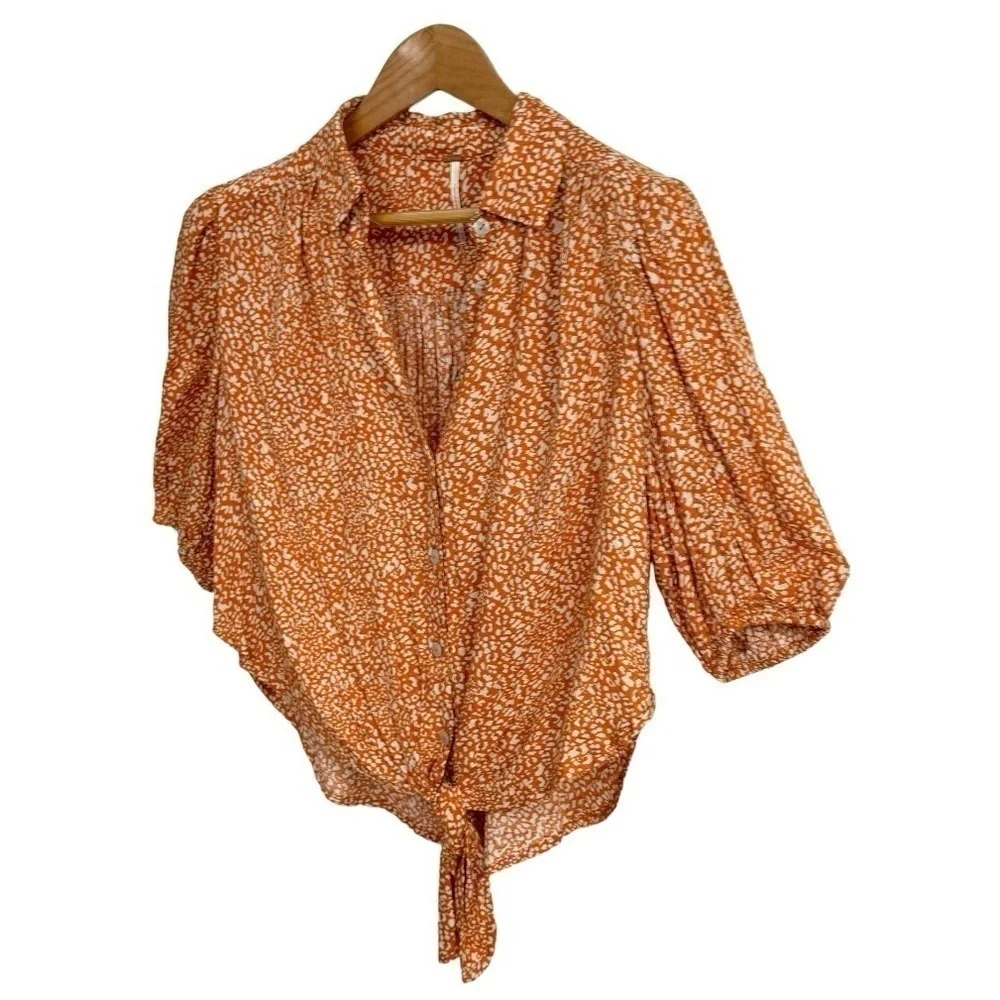 Free People Celia Printed Tie-front Blouse In Rust Combo SZ XS
